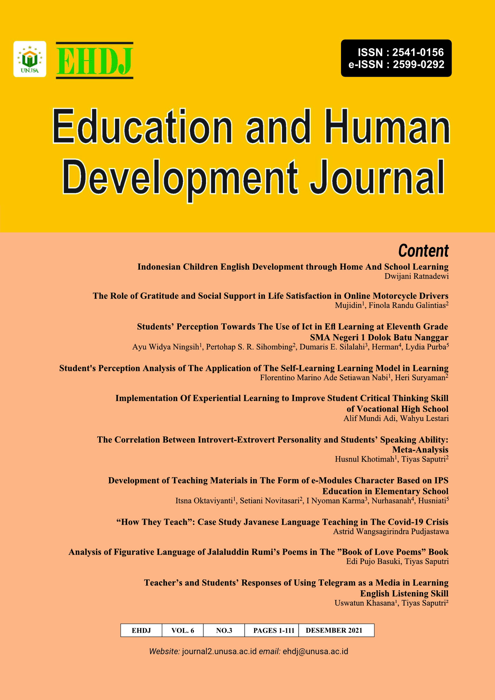 					View Vol. 6 No. 3 (2021): Educatioan and Human Development Journal
				